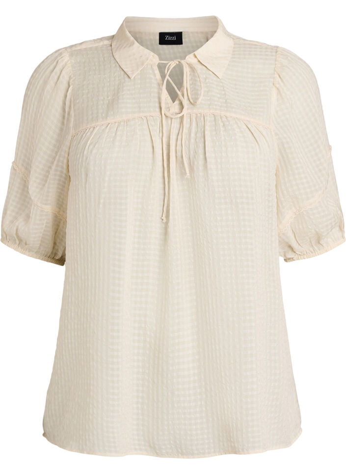 Blouse in seersucker with tie-string, Beige, Packshot image number 0