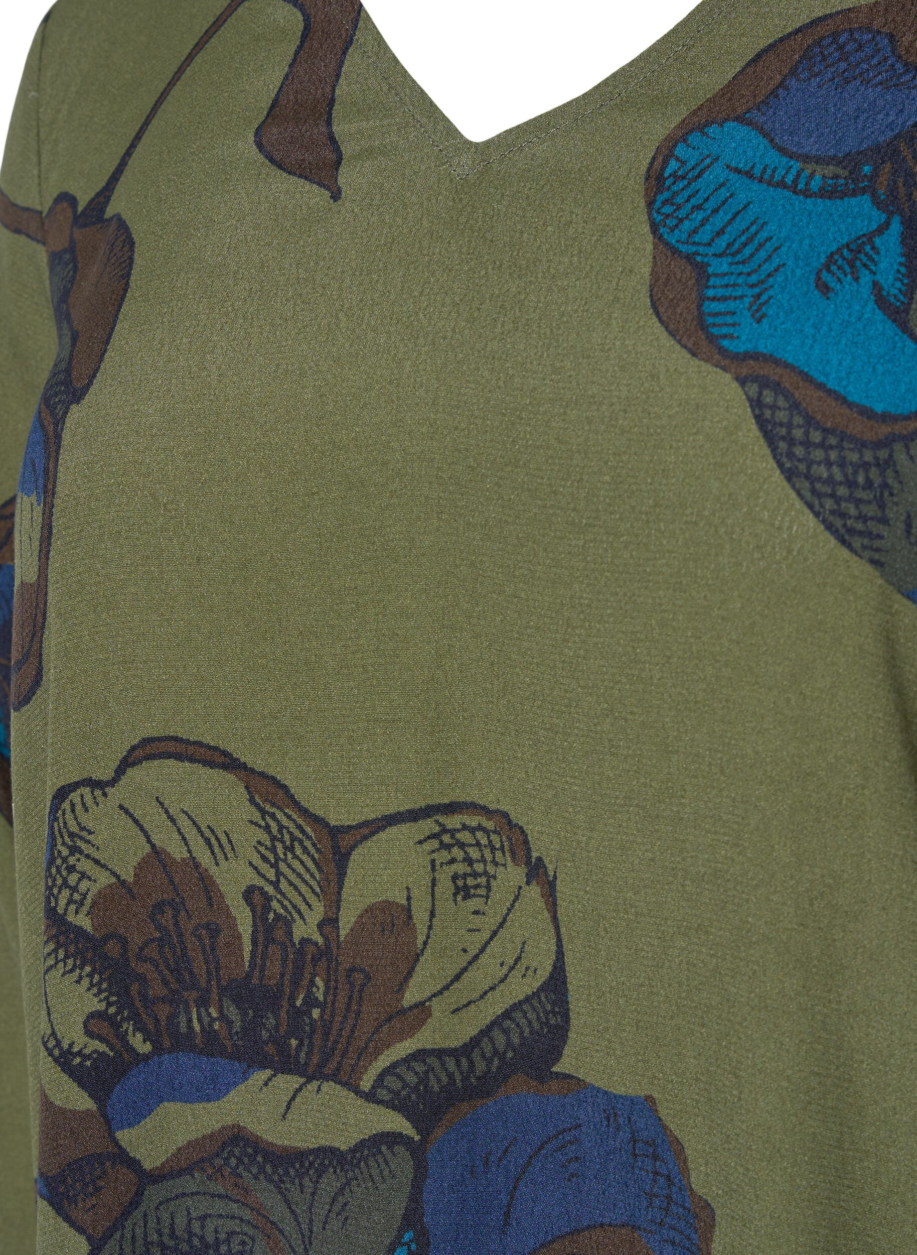 Zizzifashion Long sleeved viscose blouse with floral print	, Green Big Flower, Packshot image number 2