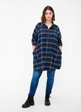 Loose-fitting tunic with checkered pattern, Black Check Comb, Model image number 2
