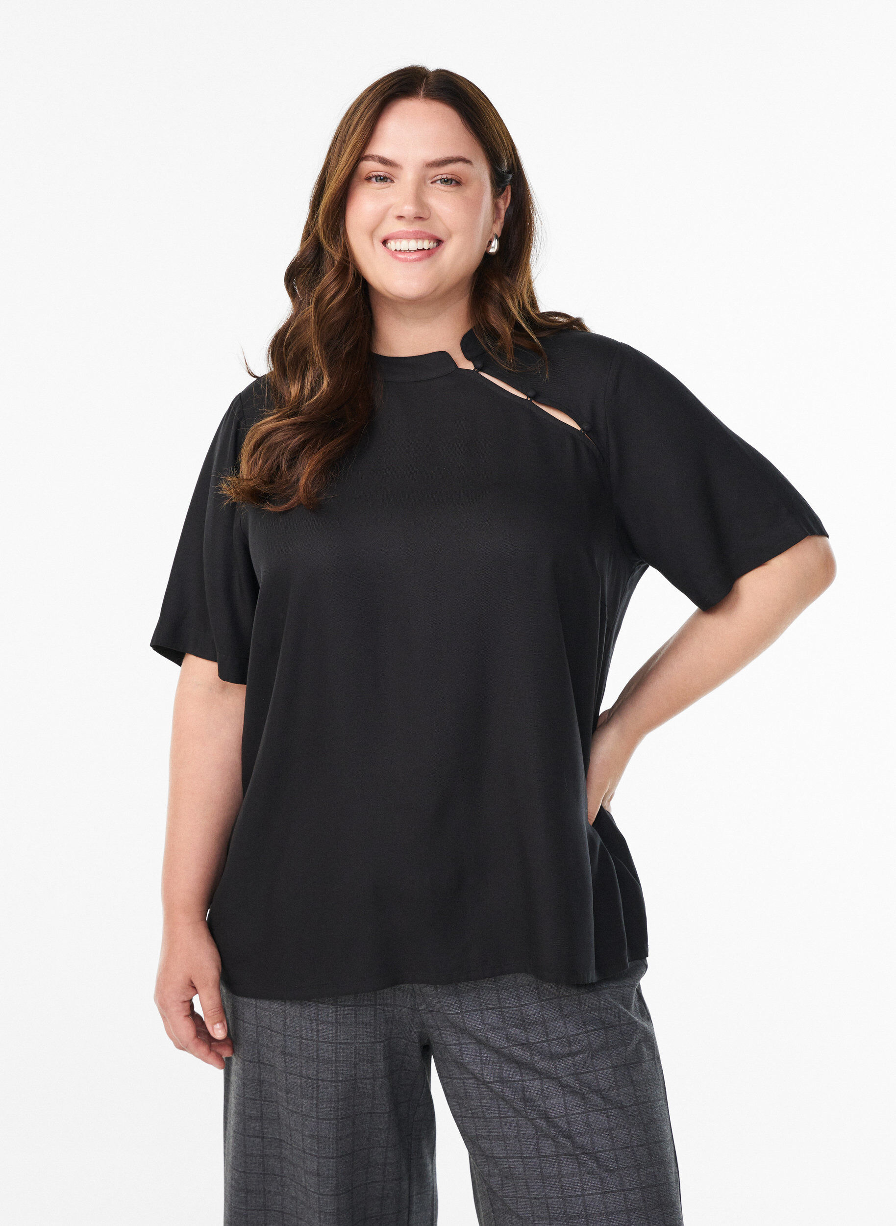 Short-sleeved blouse with diagonal button fastening, Black, Model