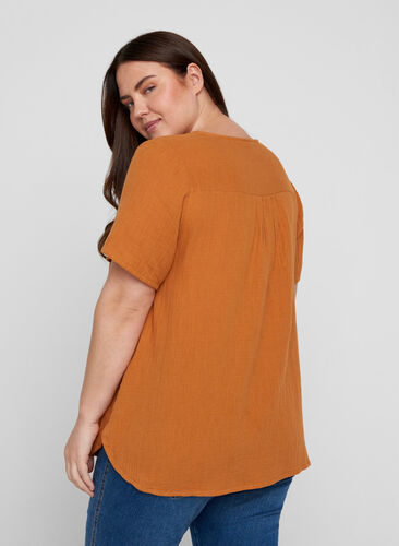 Short-sleeved blouse with a v-neck and embroidery, MUSTARD AS SAMPLE, Model image number 1