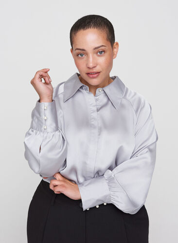 Shirt with balloon sleeves and collar, Light Grey, Model image number 0