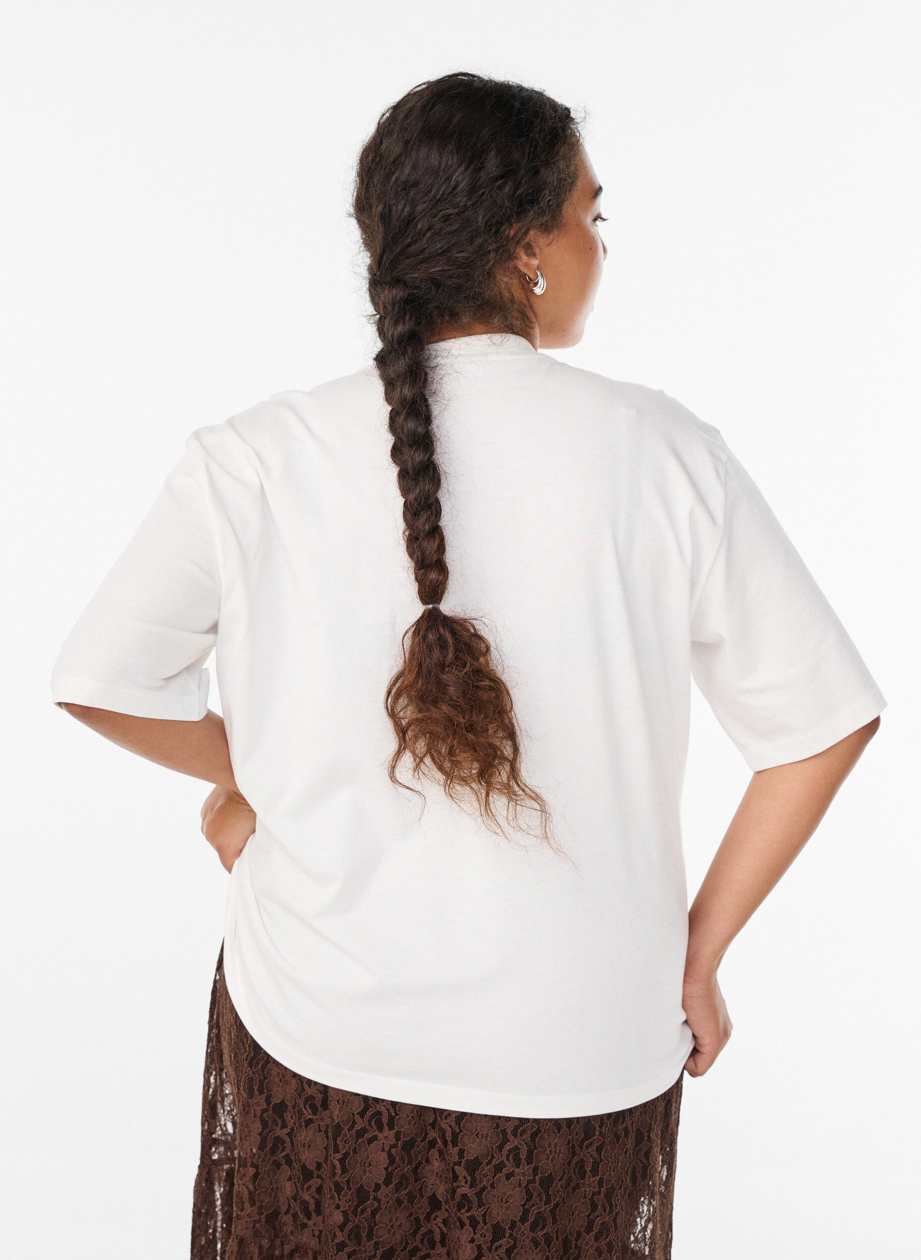 Zizzifashion Cotton t-shirt with lace detail on the front, White, Model image number 2