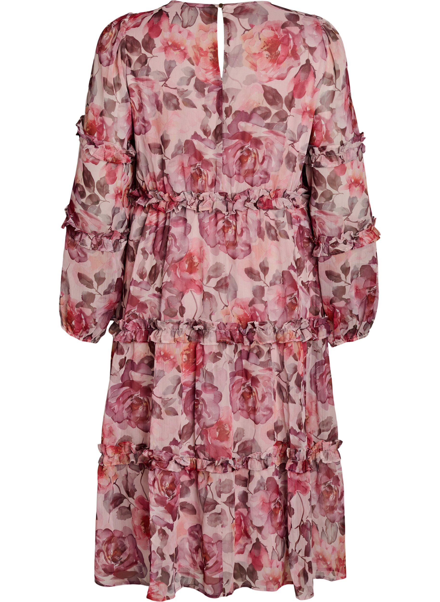 Zizzifashion Floral midi dress with ruffle details and sheer sleeves, Rose, Packshot image number 1