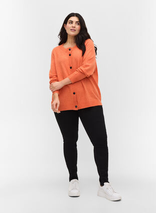 Short knitted cardigan with contrast-colour buttons, Mandarin Orange Mel, Model image number 2