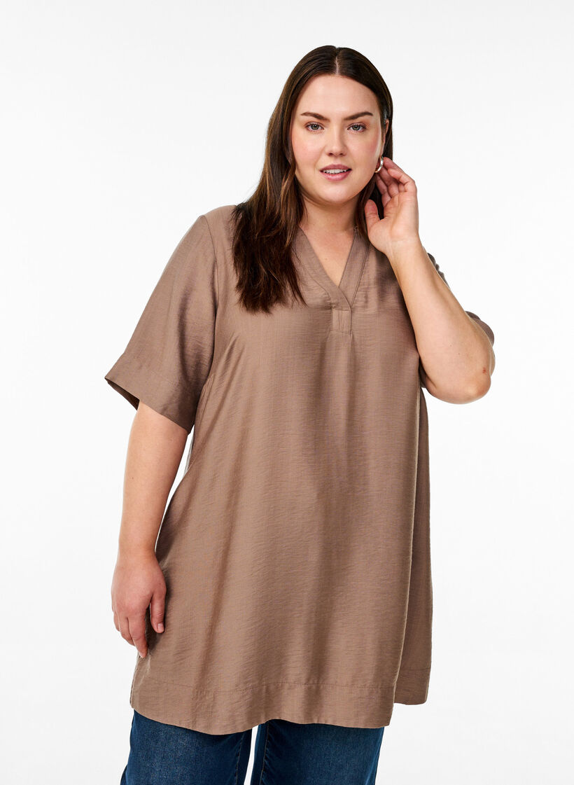 Tunic with collar and side pockets, Brown, Model image number 0
