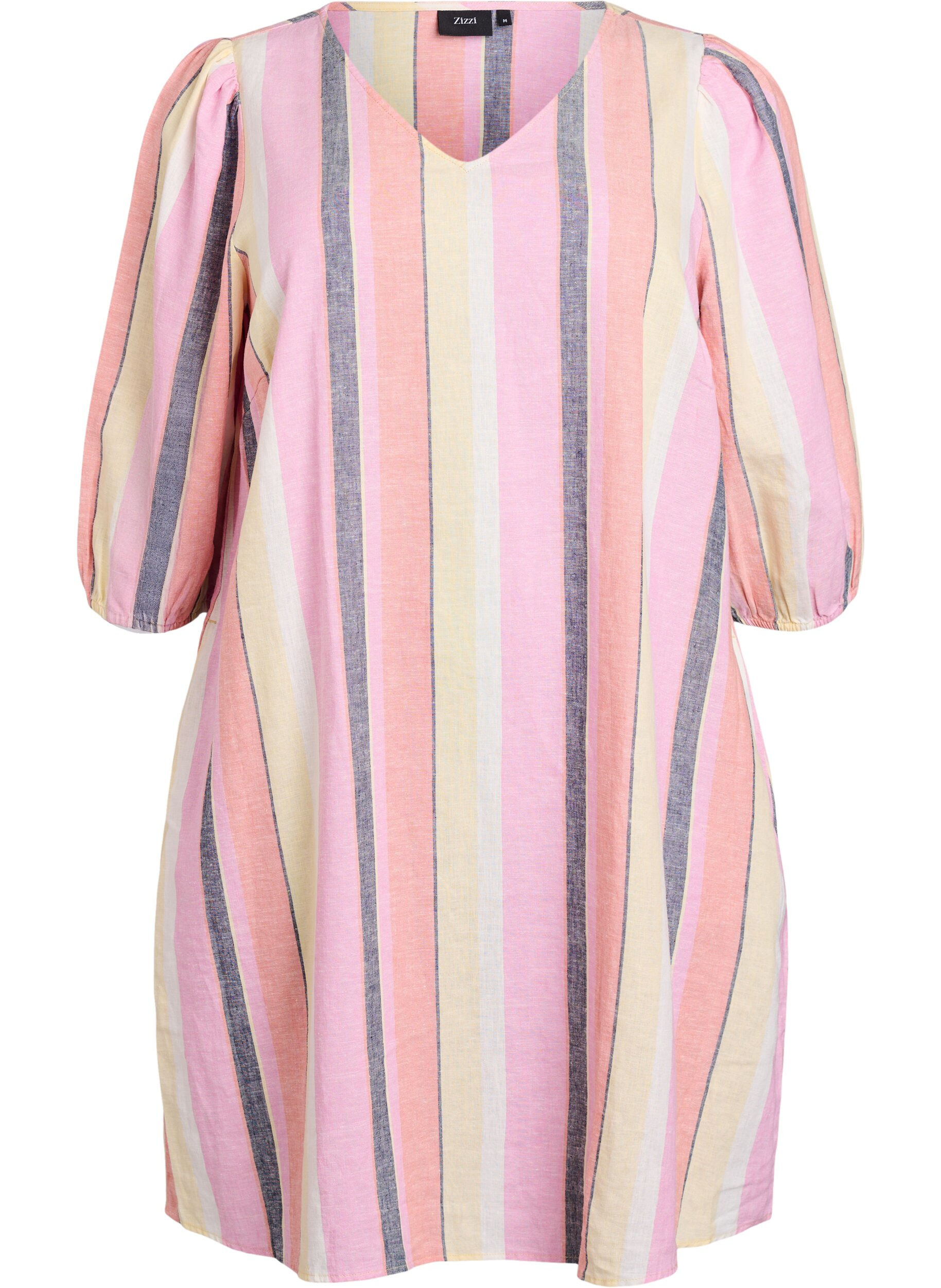 Zizzifashion Short dress in linen and viscose with 3/4 sleeves, Yellow, Packshot image number 0