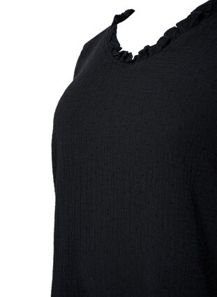 Short-sleeved cotton tunic with ruffles, Black, Packshot image number 2