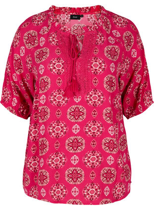 Printed viscose blouse with 3/4-length sleeves, Pink Indian , Packshot image number 0
