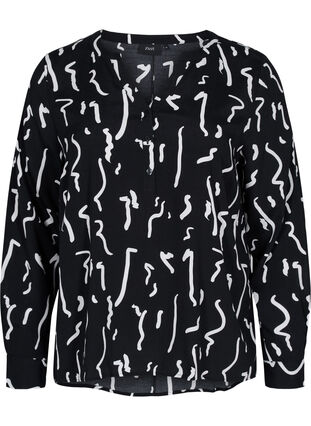 Blouse in viscose with long sleeves, Black Paint Strokes, Packshot image number 0