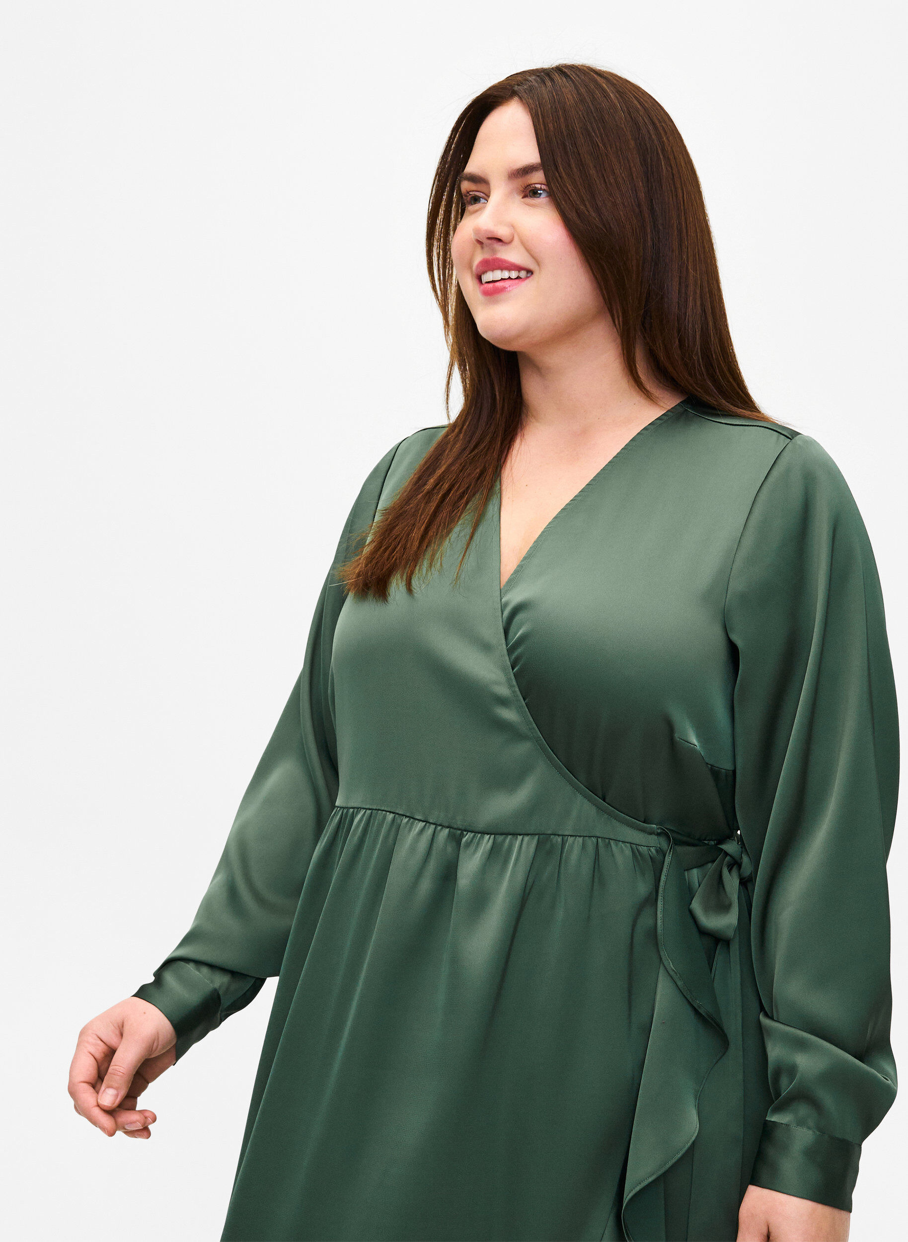 Zizzifashion Long sleeve satin wrap dress, Duck Green, Model image number 2