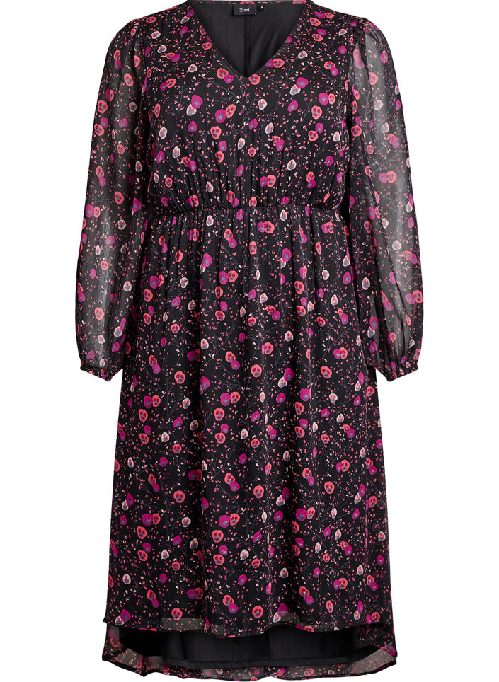 Chiffon dress with floral print and long sleeves, Black, Packshot image number 0