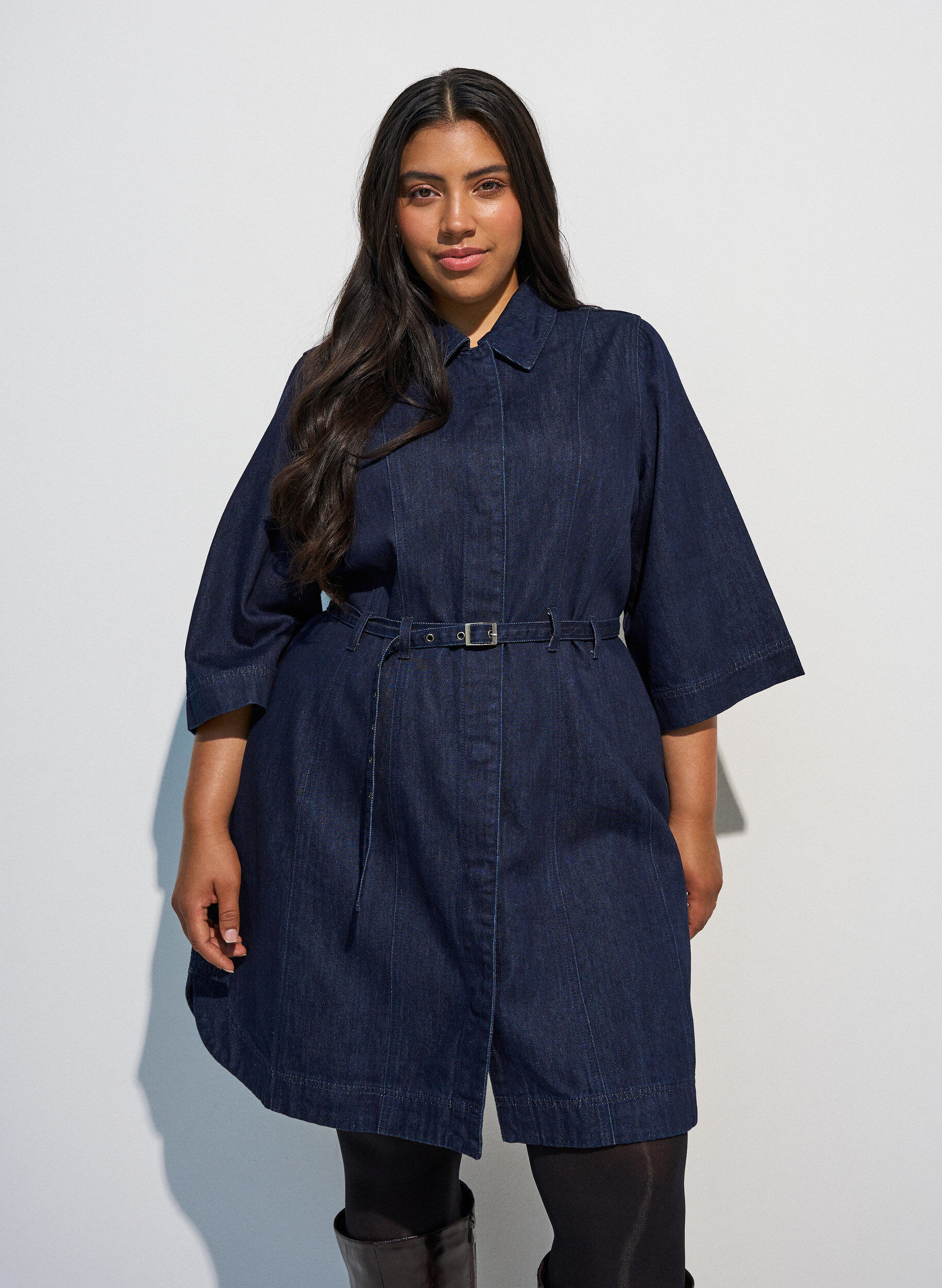 ZizzifashionDenim dress with belt and 3/4-sleeves, Blue, Model image number 0