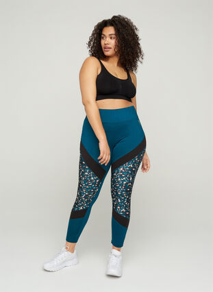 Cropped sports leggings with print details , Deep Teal, Model image number 2