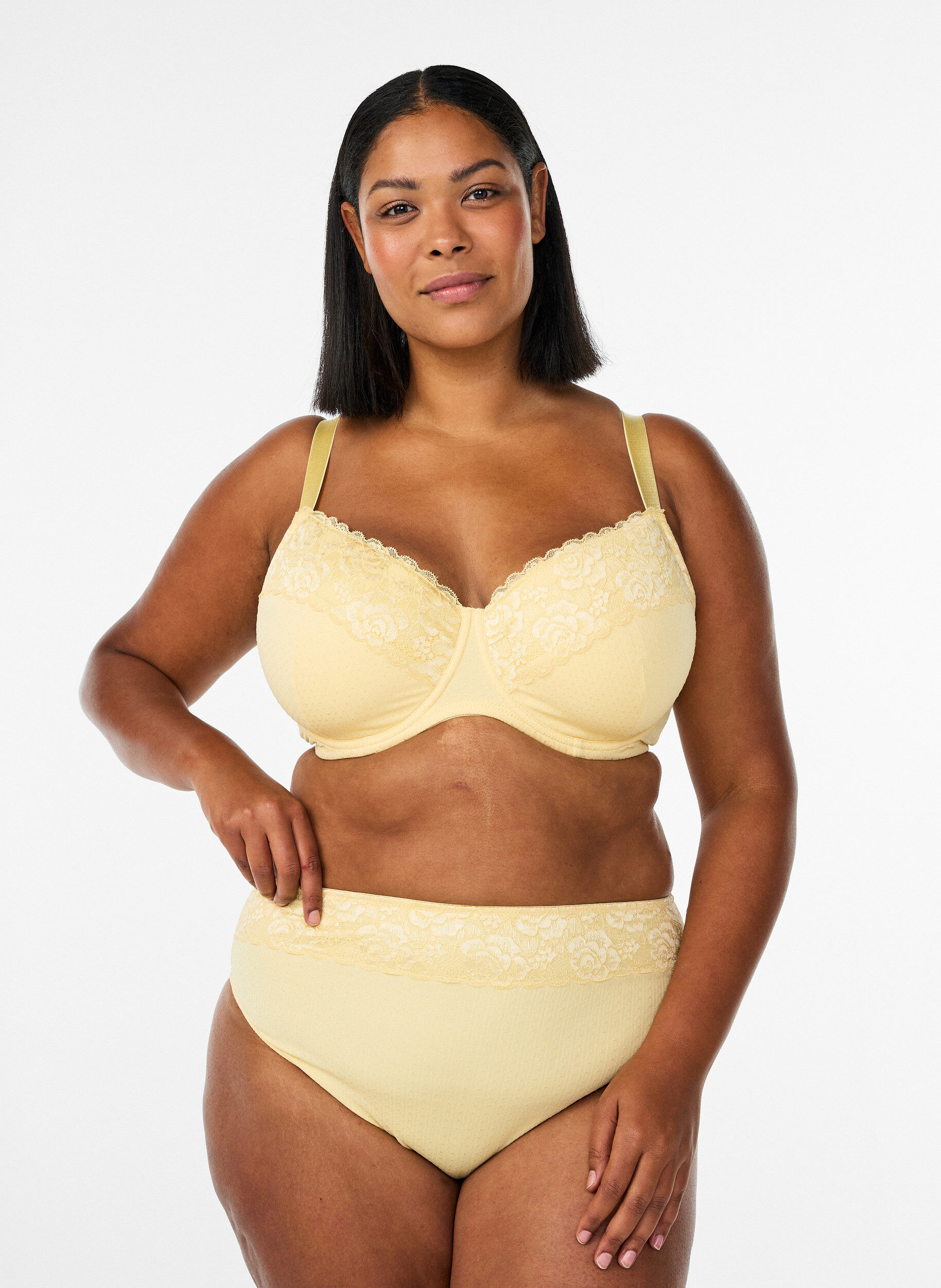 Zizzifashion Padded bra with lace and dobby texture, Yellow, Model image number 1
