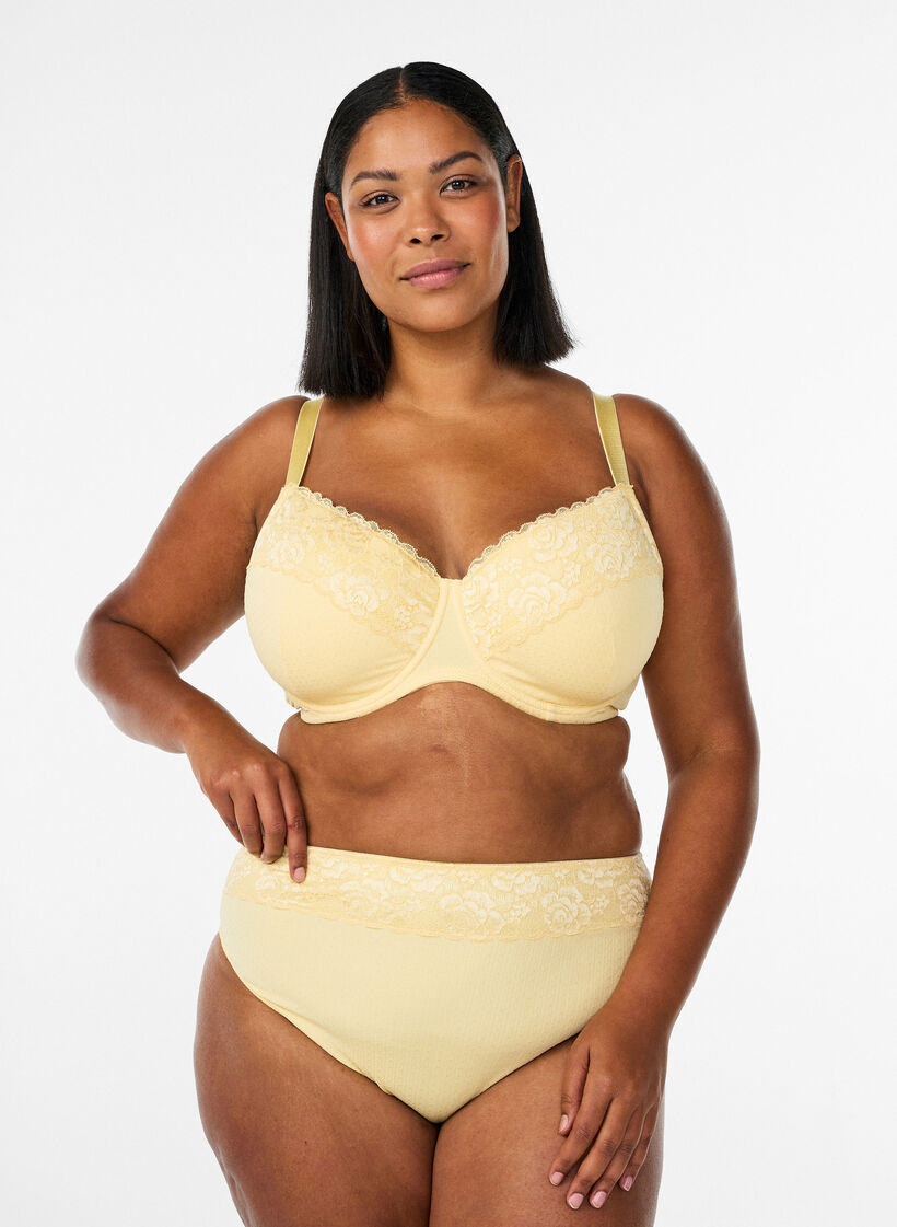 Padded bra with lace and dobby texture, Yellow, Model image number 1