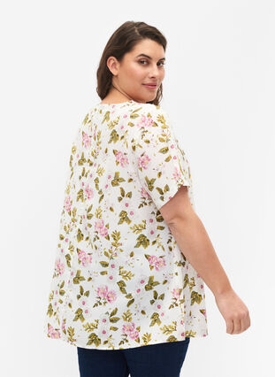 FLASH - Blouse with short sleeves and print, Off White Flower, Model image number 1