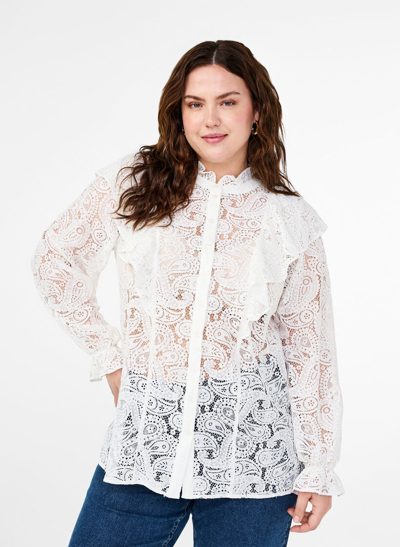 Lace shirt blouse with ruffle detail, Snow White, Model image number 0
