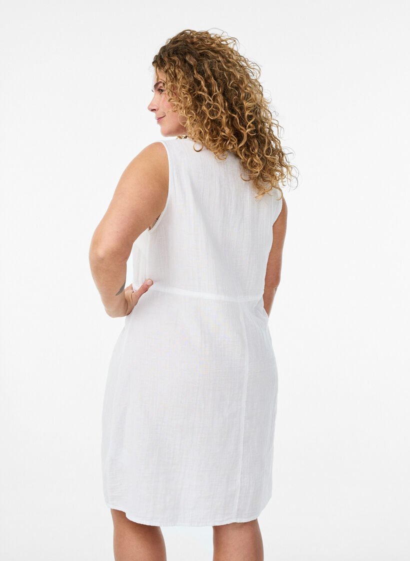 Sleeveless cotton muslin dress with tie string, White, Model image number 2