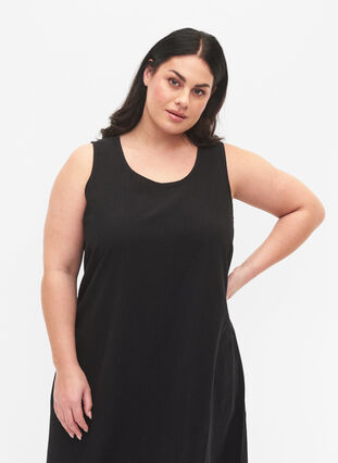 Sleeveless cotton dress with A-line cut, Black, Model image number 2