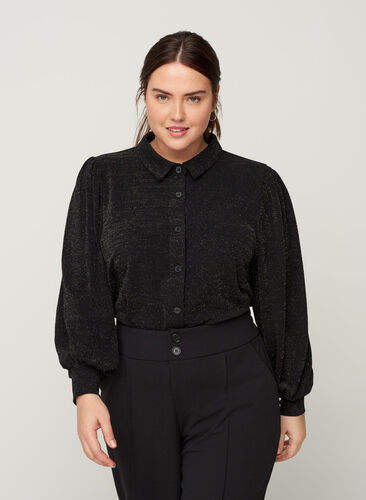 Shirt with sparkles and puff sleeves, Black, Model image number 0