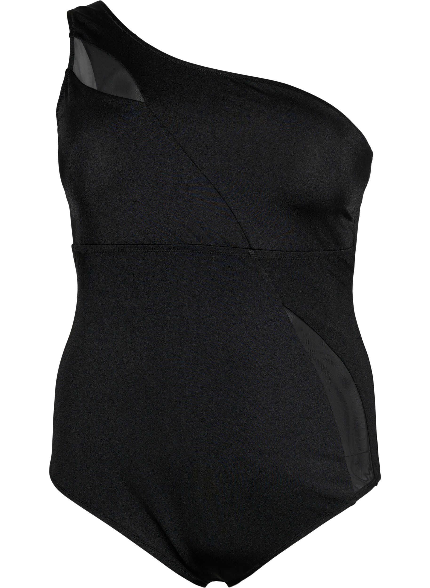 Zizzifashion One-shoulder swimsuit with mesh details, Black, Packshot image number 0