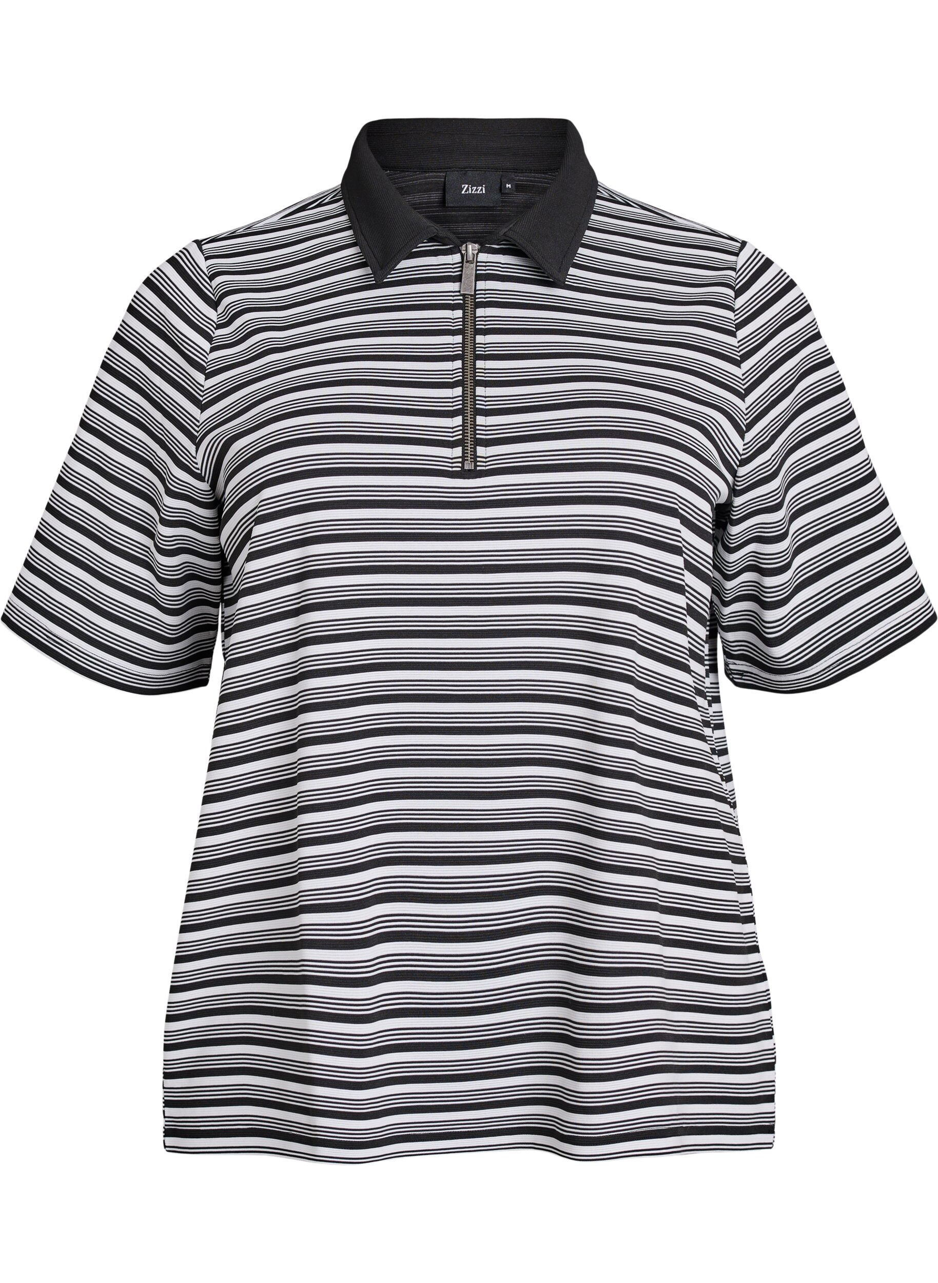 Striped polo shirt with short sleeves and zip