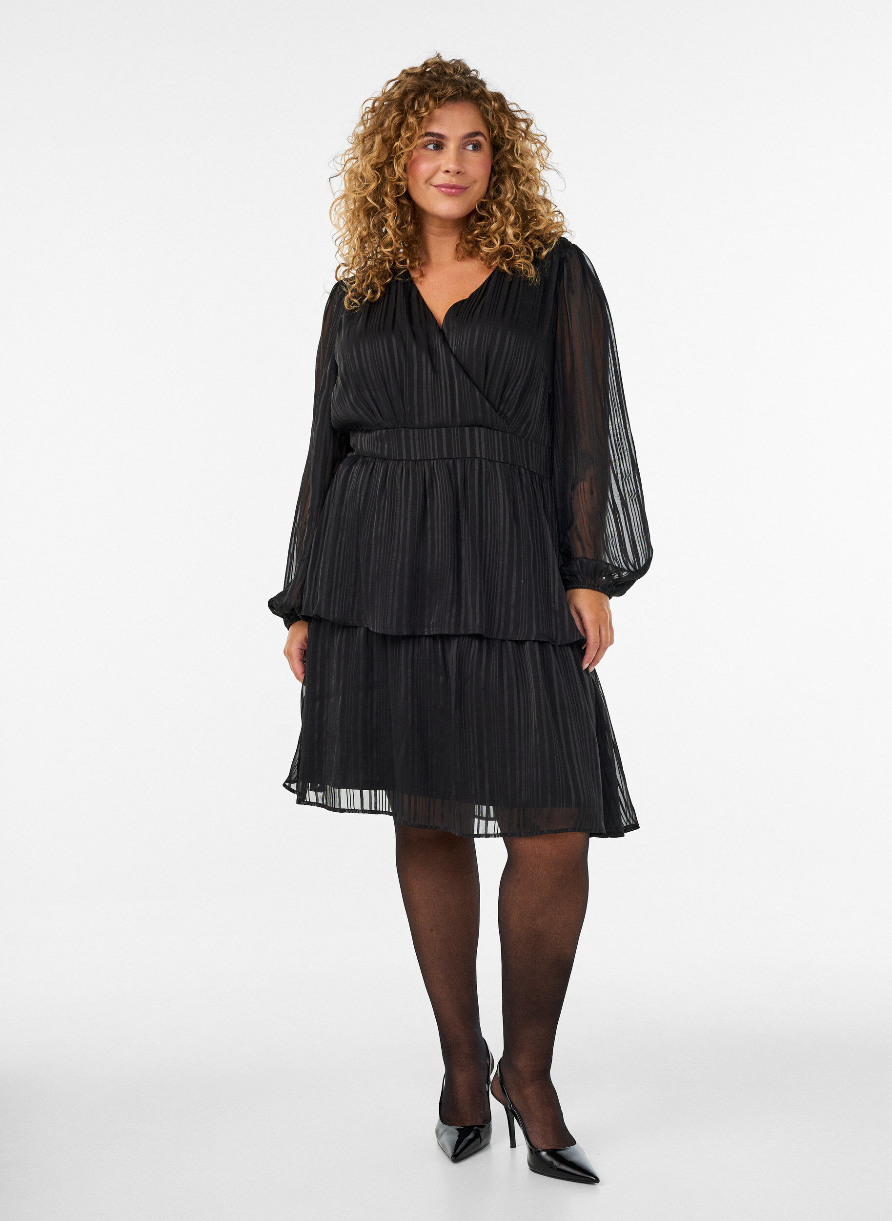 ZizzifashionKnee-length dress with sheer stripes and wrap effect, Black, Model image number 1