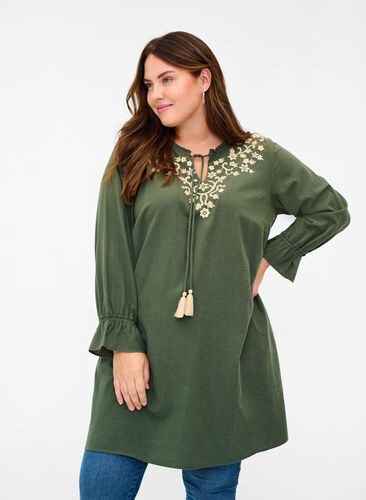 Cotton tunic with embroidery and tie details, Thyme, Model image number 0