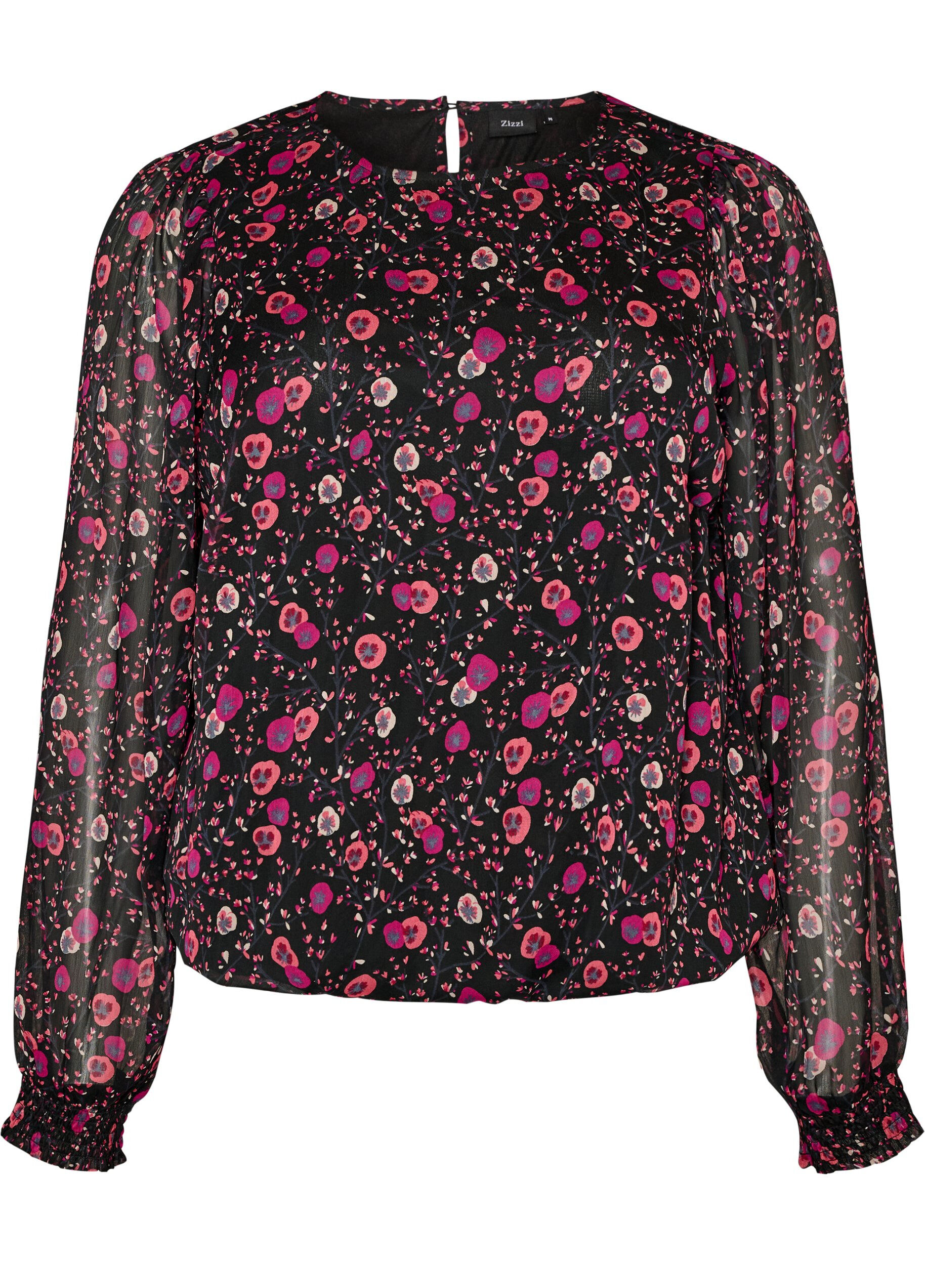 ZizzifashionFloral chiffon blouse with sheer sleeves, Black, Packshot image number 0