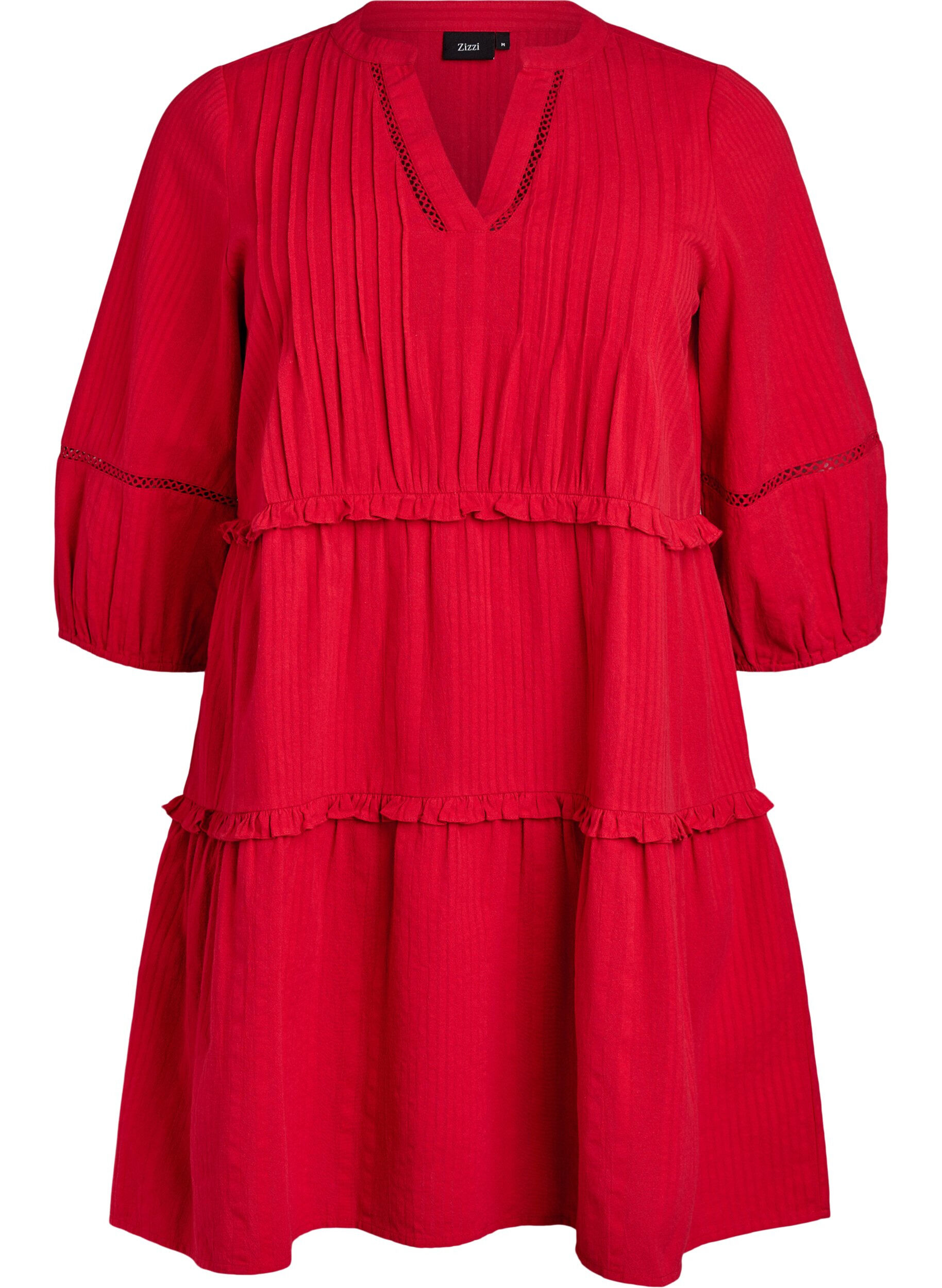 Zizzifashion 3/4 sleeve cotton dress with ruffles, Red, Packshot image number 0