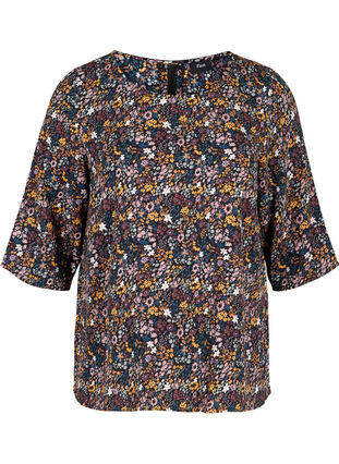 Printed blouse with lace back and 3/4-length sleeves, Black/Multi Flower, Packshot image number 0