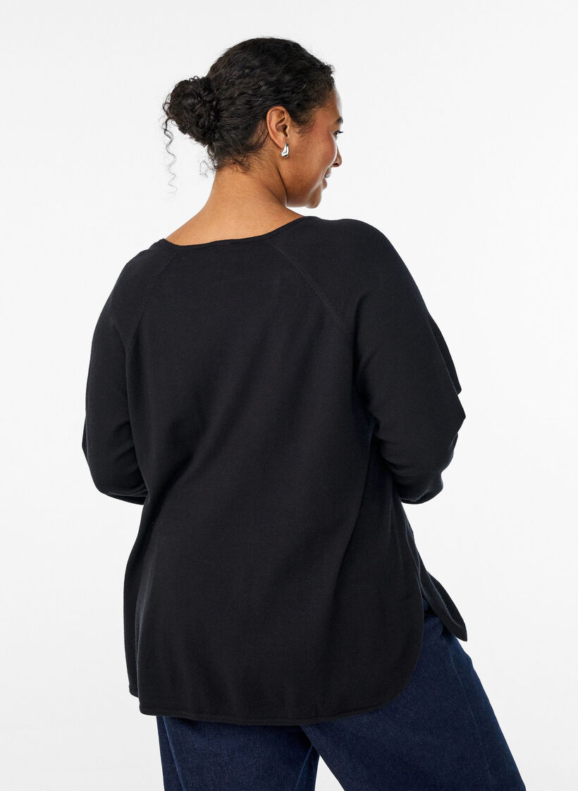 Fine-knit blouse with v-neck and front detail, Black, Model image number 2