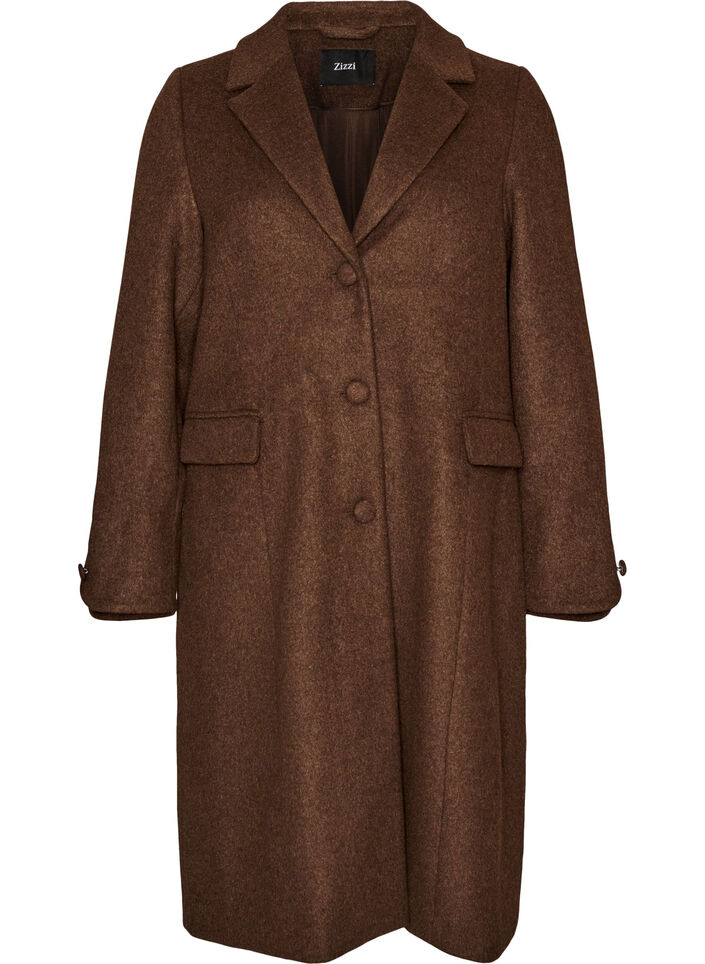 Wool blend coat with lapels and buttons, Brown, Packshot