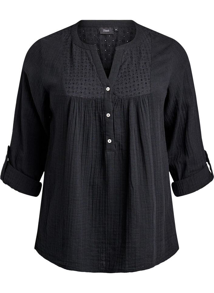 Blouse in cotton muslin with broderie anglaise, Black, Packshot image number 0