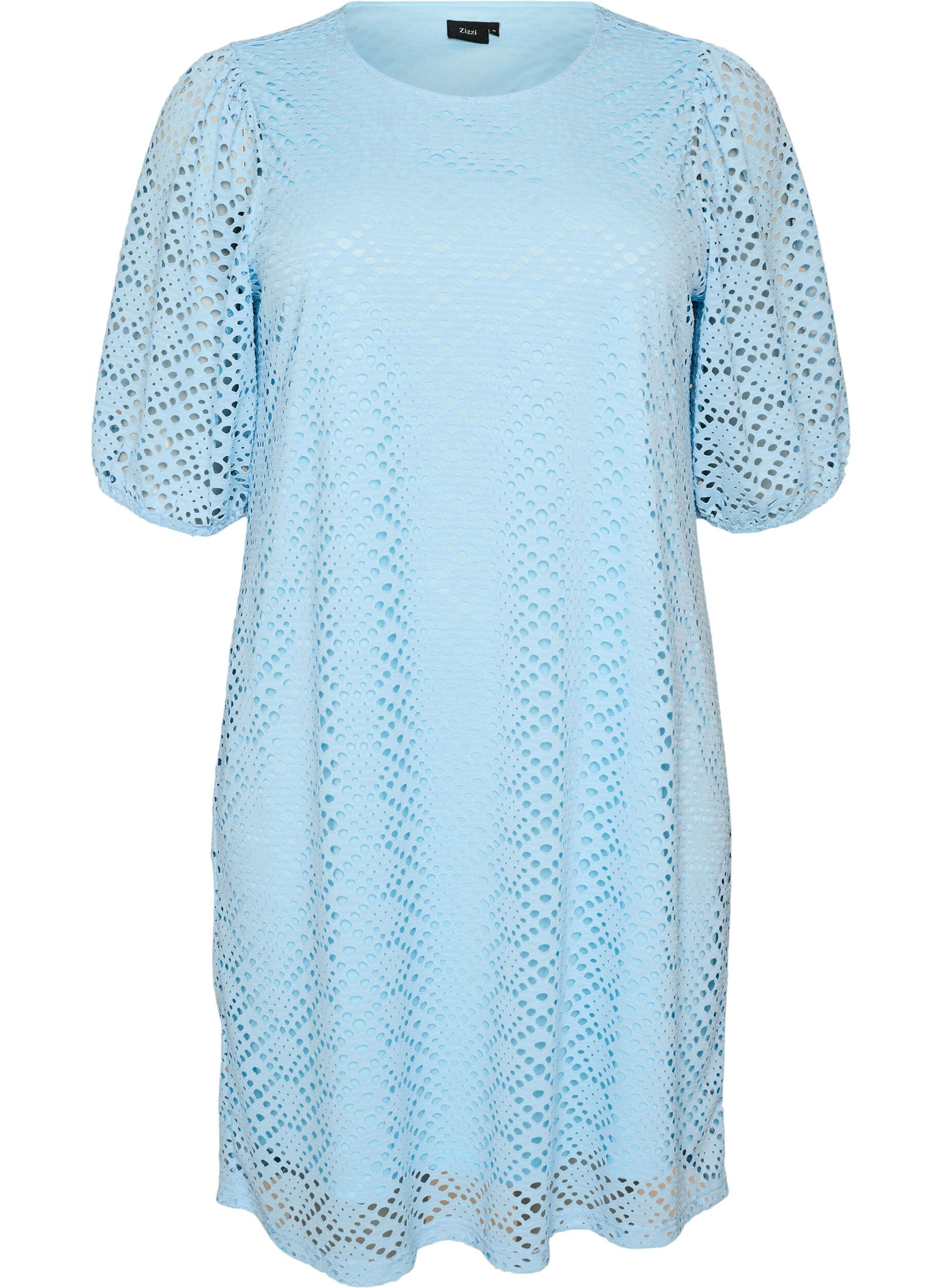 Zizzifashion Knee-length dress with eyelet pattern and short sleeves, Light Blue, Packshot image number 0