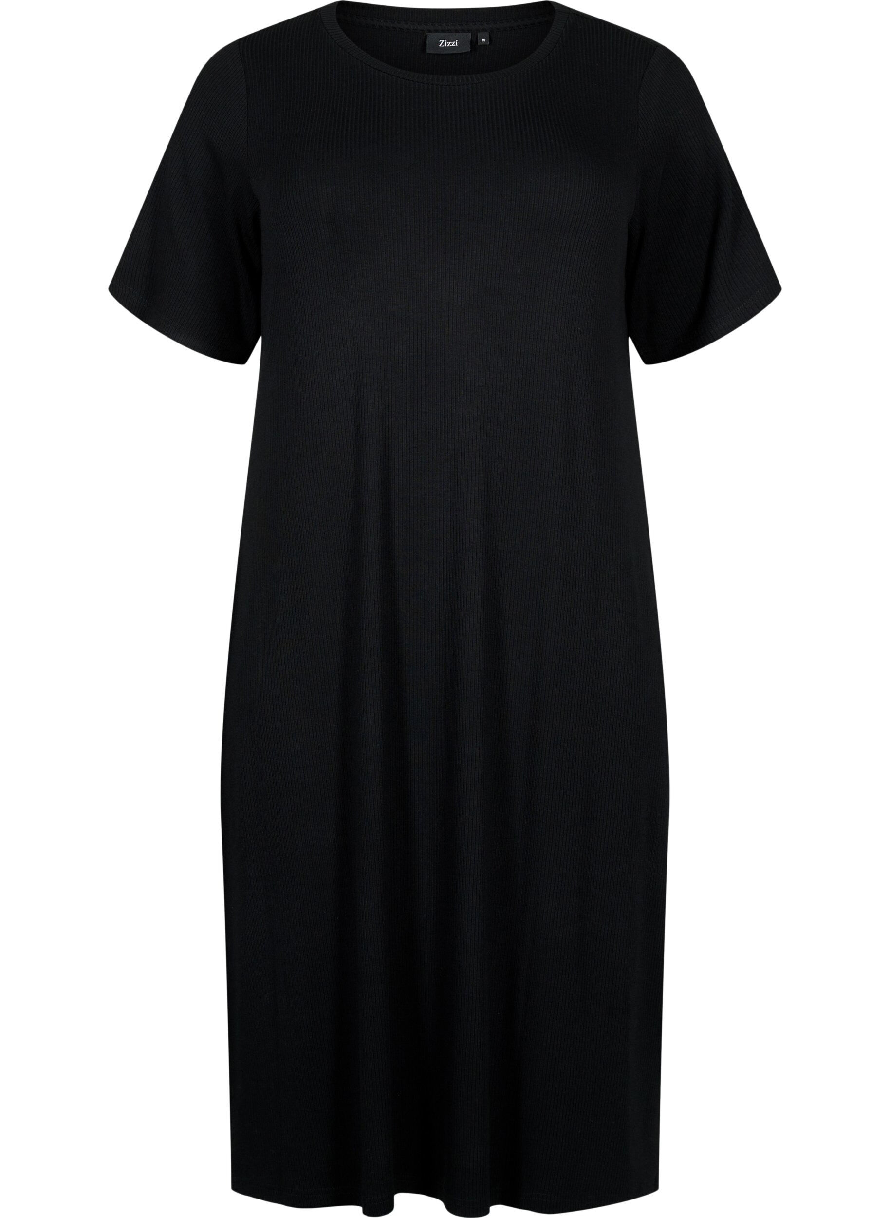 Zizzifashion Viscose rib midi dress with short sleeves, Black, Packshot image number 0