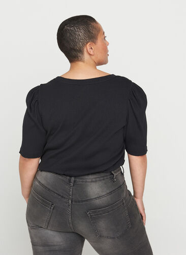 Rib t-shirt with short puff sleeves, Black, Model image number 1