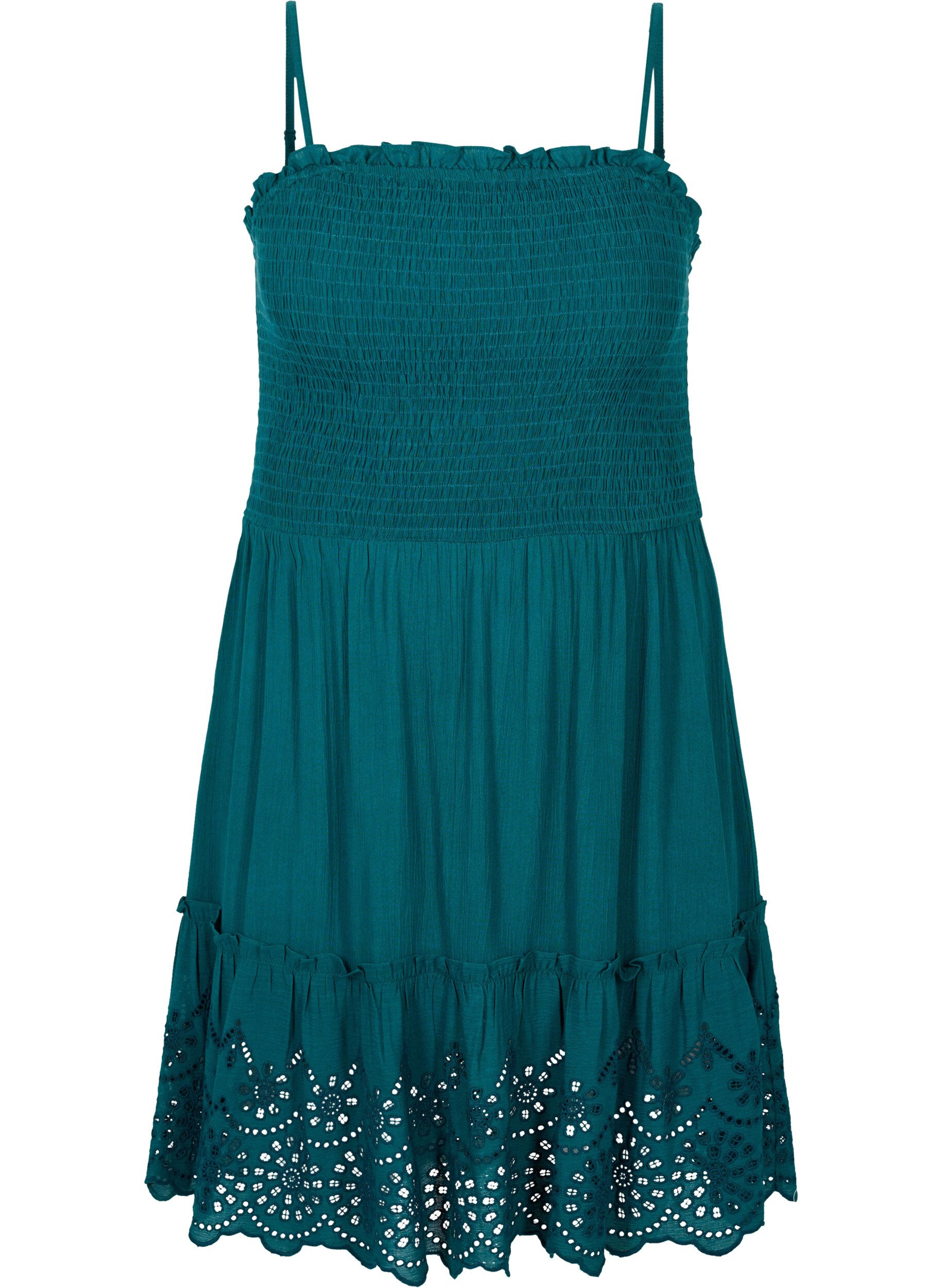 Zizzifashion Viscose smock beach dress with embroidery anglaise, Deep Teal, Packshot image number 0