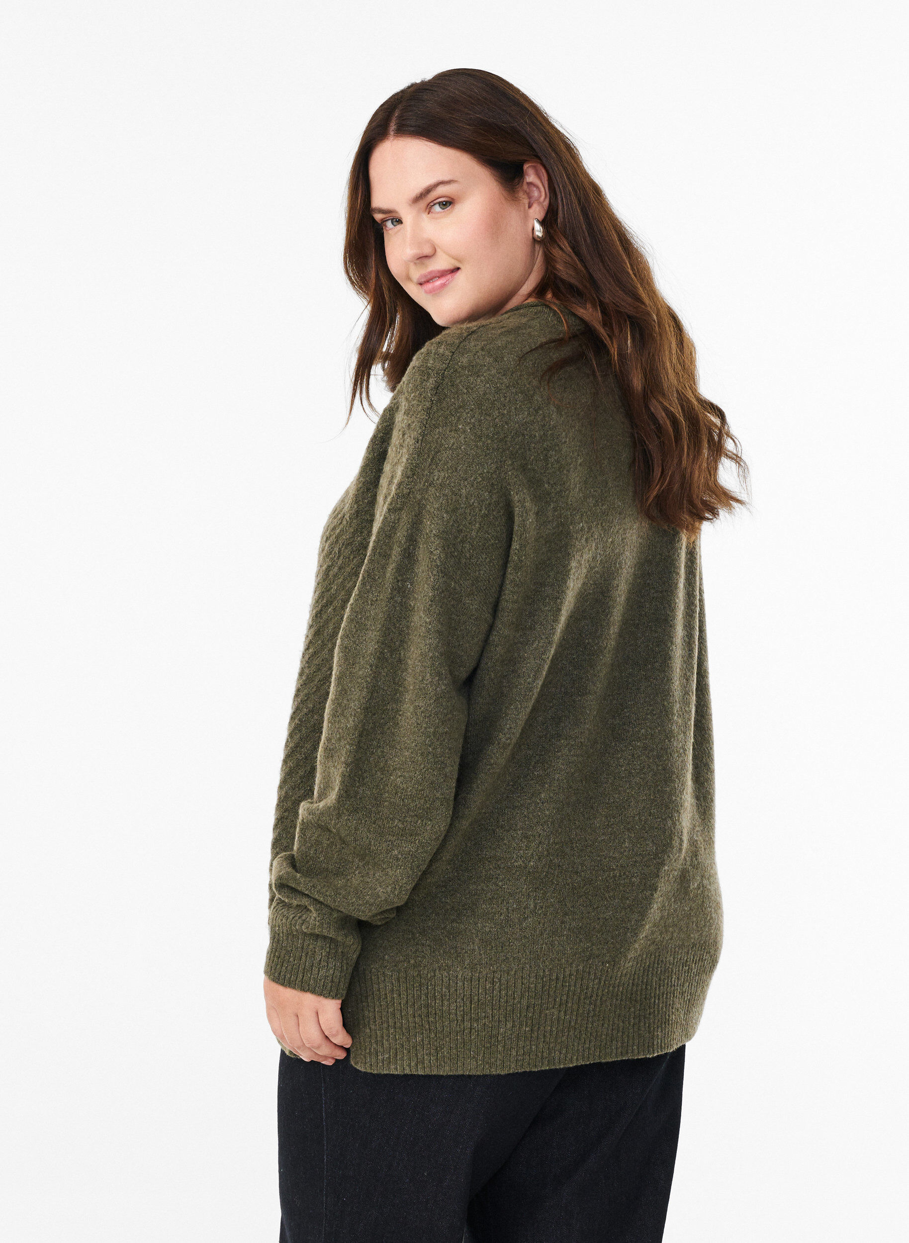 ZizzifashionKnitted blouse with V-shaped rib pattern and slits, Green, Model image number 2