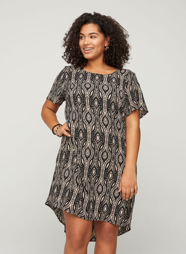 Plain-coloured dress with shorts sleeves, Graphic AOP, Model image number 0