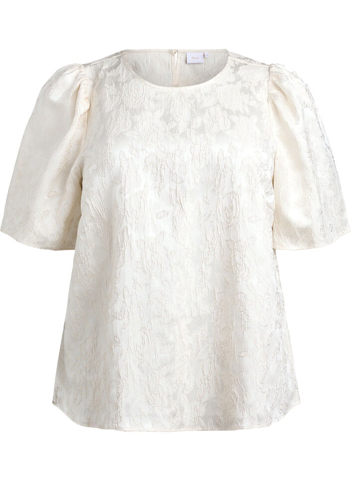 Blouse with jacquard pattern and puff sleeves, Vanilla, Packshot image number 0