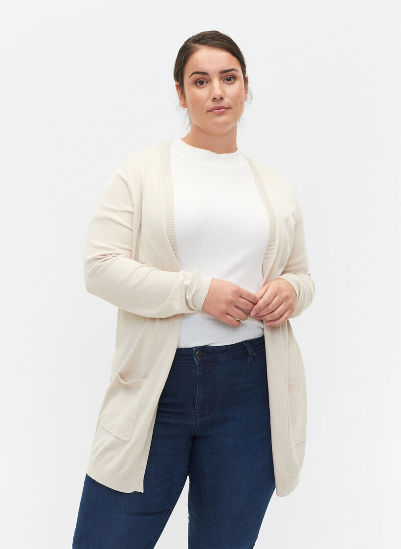 Long knitted cardigan in a viscose blend, Beige, Model image number 0