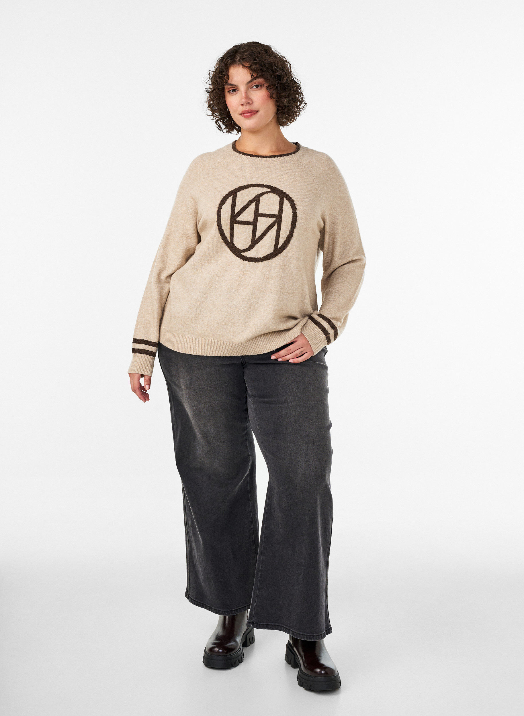 ZizzifashionJumper with logo and contrast stripes, Beige, Model image number 1