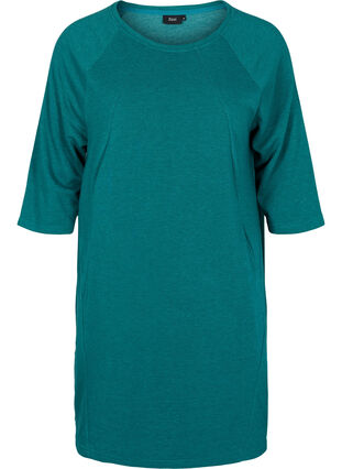 Promotional item - Cotton sweater dress with pockets and 3/4-length sleeves, Teal Green Melange, Packshot image number 0