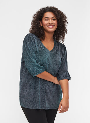 Glitter blouse with 3/4-length sleeves, BLUE , Model image number 0