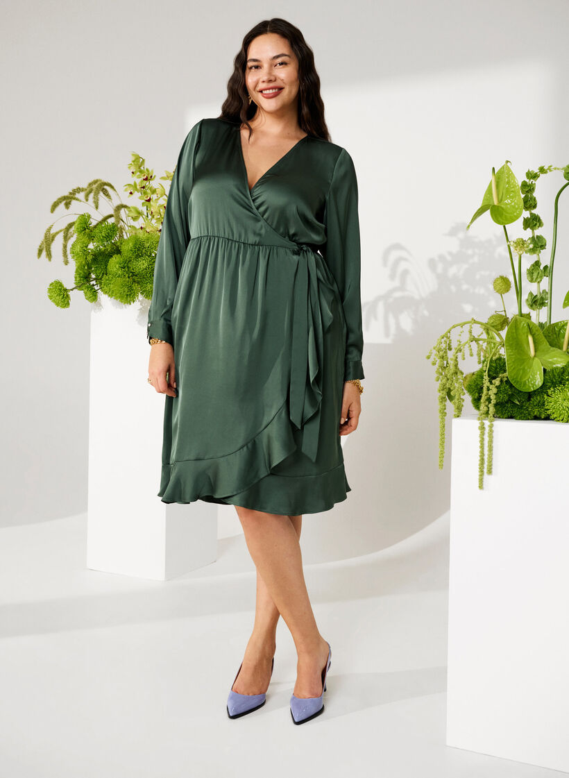 Long sleeve satin wrap dress, Duck Green, Image image number 0