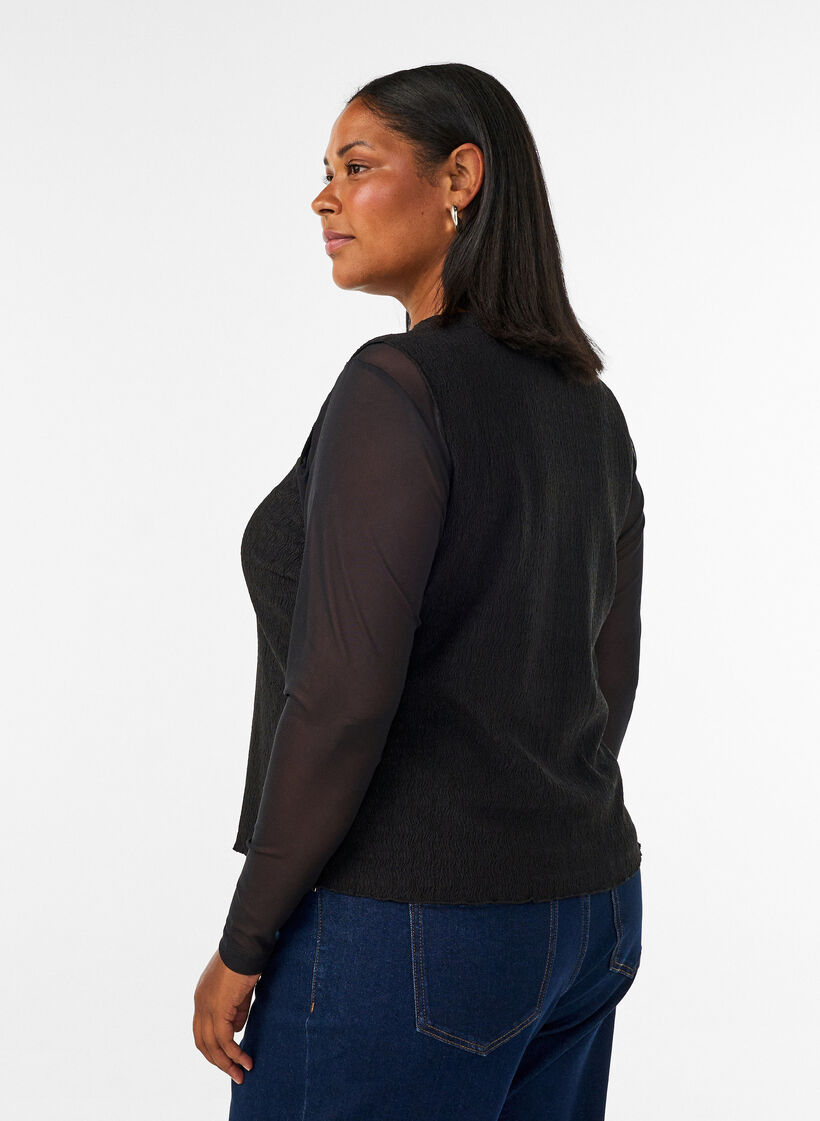 Sleeveless top with a wavy texture and button fastening, Black, Model image number 2