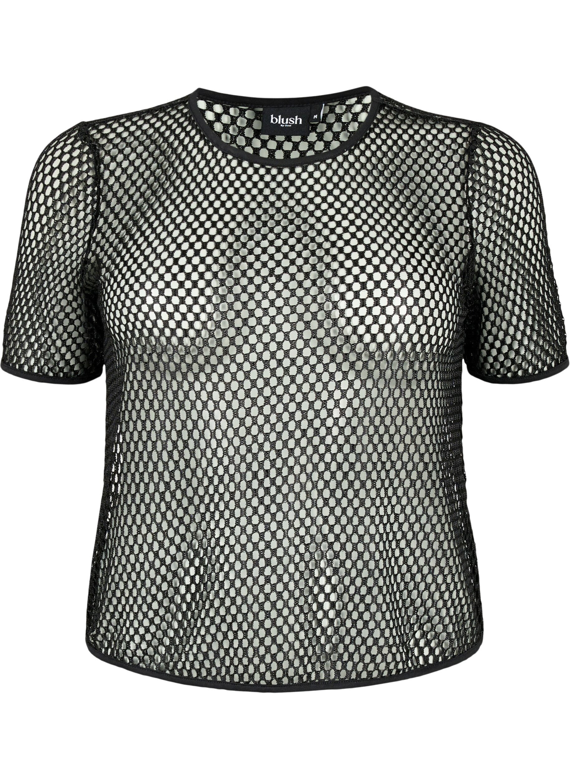 Zizzifashion Mesh blouse with short sleeves, Black, Packshot image number 0
