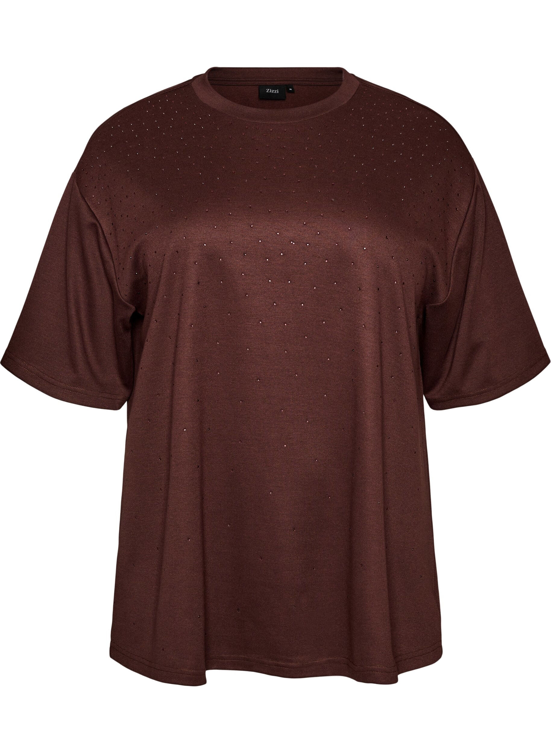 ZizzifashionT-shirt with rhinestones and round neck, Brown, Packshot image number 0